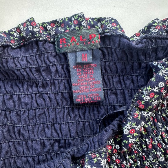 Ralph Lauren Floral Smocked Crop Top – Navy + Red/Green Ditsy (Size M) - Picture 6 of 7